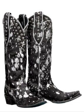 Lane Wild Hair Cinder Western Boots • Black & SilverHair-On-Hide • Studded • 7.5